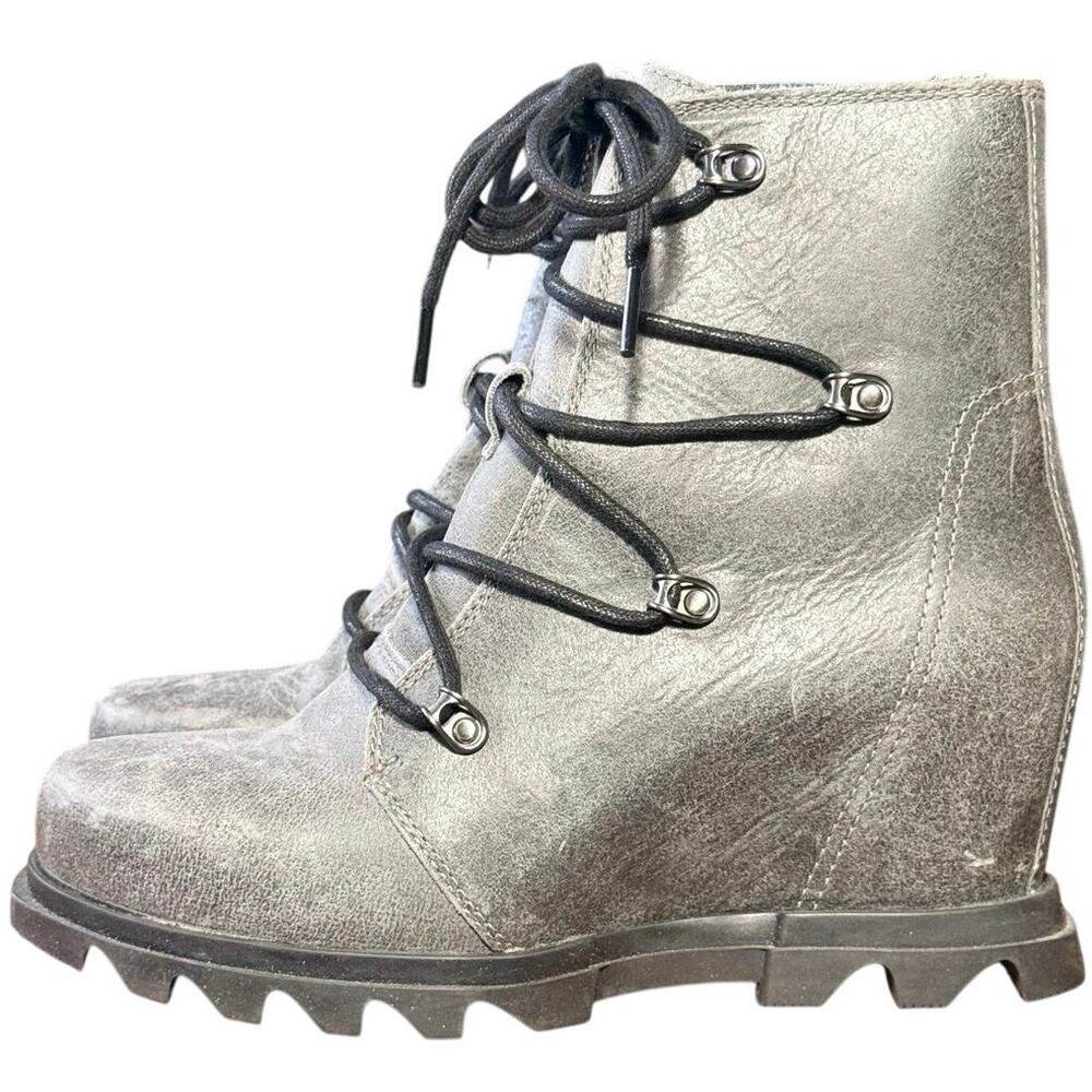 Sorel Joan of Arctic Wedge III Lace Waterproof Boots Quarry/Black Women Size 7.5